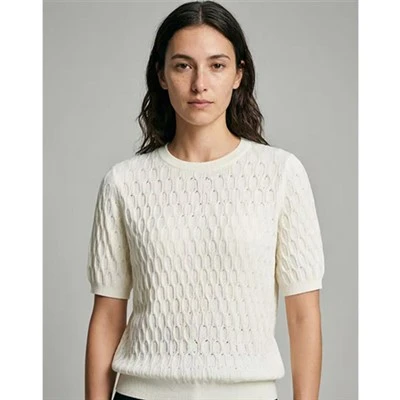 Witte getextureerde gebreide top met korte mouwen